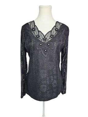 Black Lace Embellished Top Sz M/L Floral Long Sleeve Gothic Romantic Whimsigoth